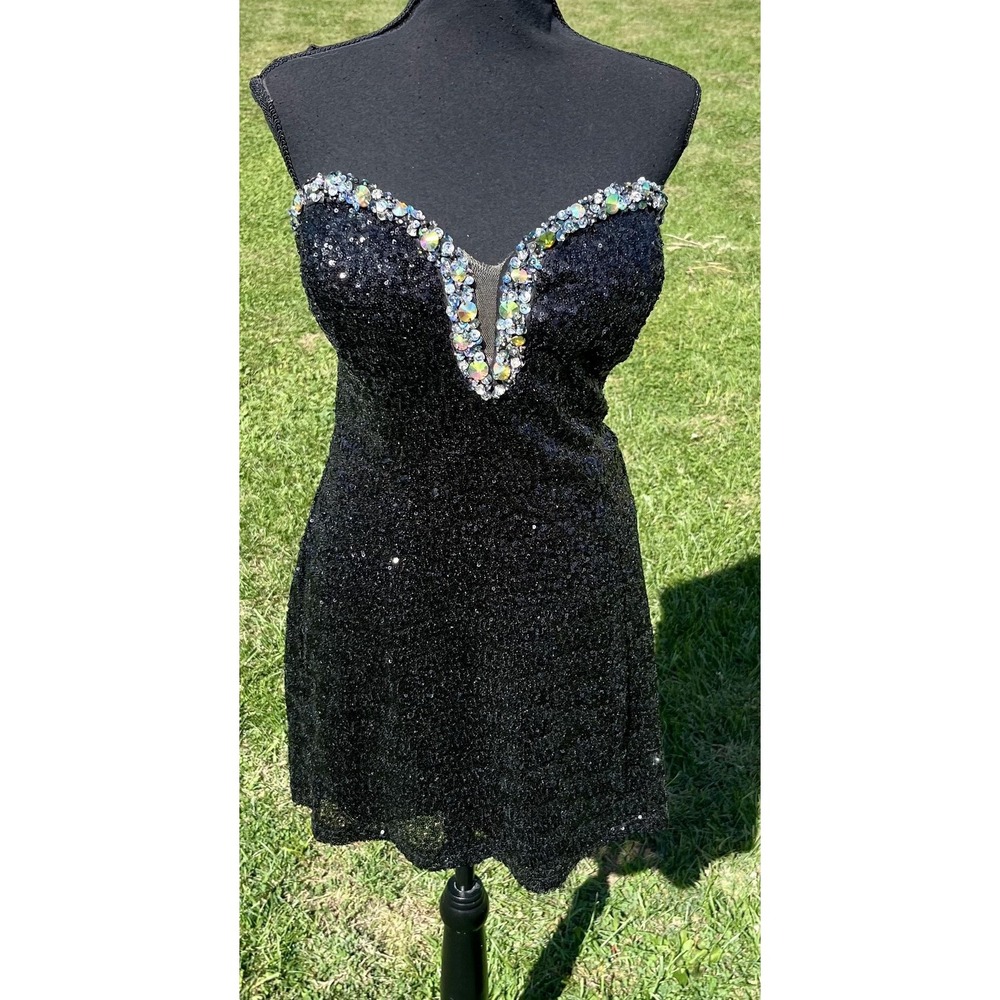 Alyce Paris Dress Womens 14 Black Sequin Beaded Strapless Sweetheart Mini Party